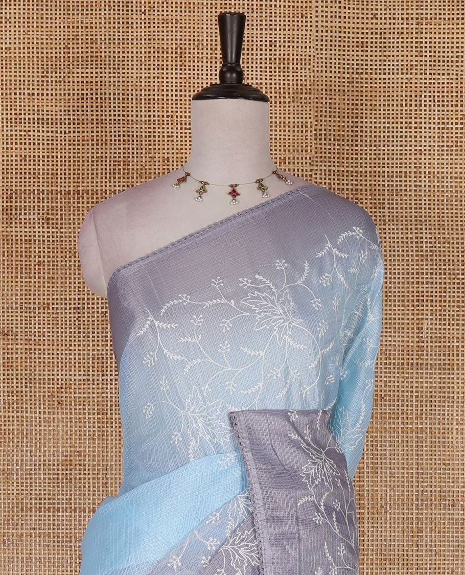 Sky blue-grey floral vine chickankari embroidered kota chex saree, lace border, floral vine chickankari embroidered pallu, and contrast plain blouse