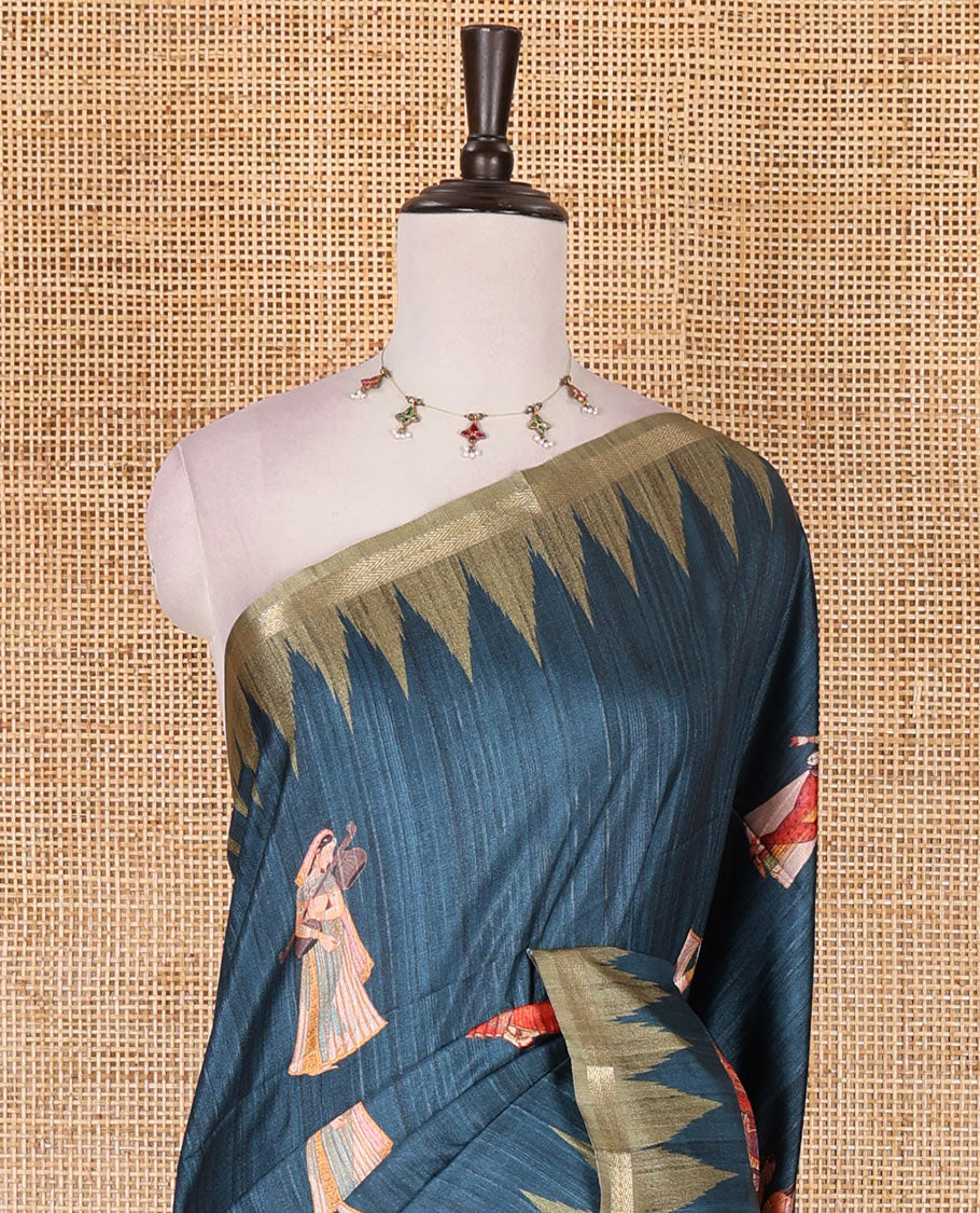 Dark blue Radha motifs printed katan silk saree, contrast temple border, ikkat motifs woven pallu, and contrast printed pallu