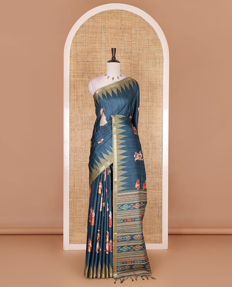 Dark blue Radha motifs printed katan silk saree, contrast temple border, ikkat motifs woven pallu, and contrast printed pallu