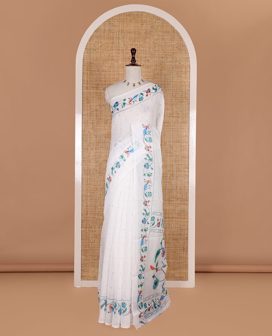 White buttas linen cotton saree, self-border of floral and peacock motifs paithani style printed border, pallu and plain blouse