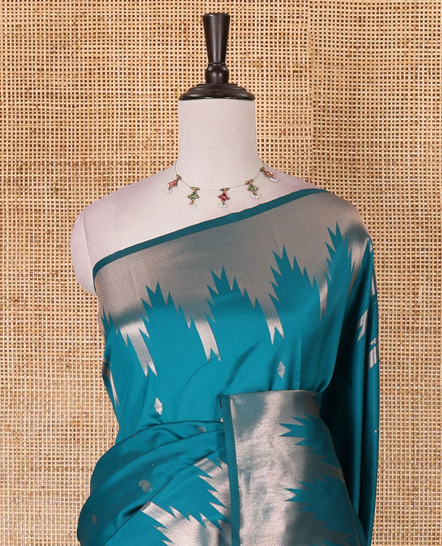 Rama Green zari buttas kanchi silk saree, temple zari border, zari-rich jaal pallu, and zari motifs woven blouse