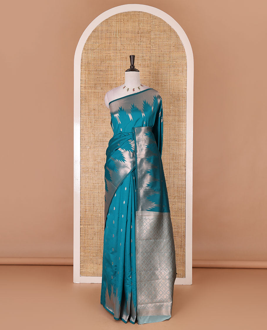Rama Green zari buttas kanchi silk saree, temple zari border, zari-rich jaal pallu, and zari motifs woven blouse