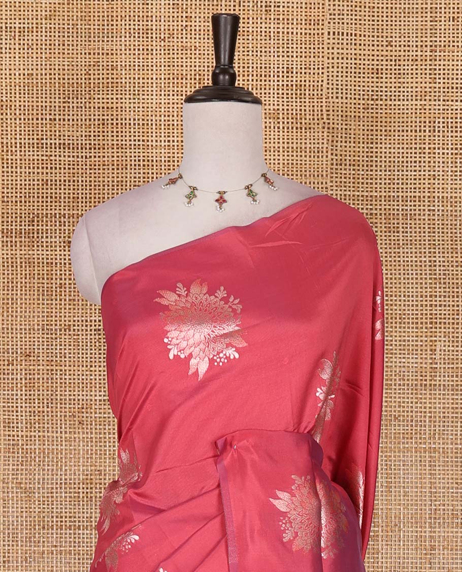 Borderless pink floral motifs steeped elite soft silk saree, contrast lotus-like motifs pallu, and contrast buttas blouse