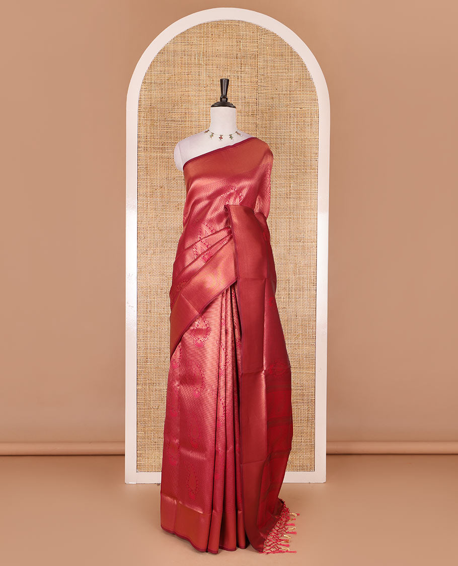 Rani pink paisley zari jacquard Kanchi tissue saree, zari border, pallu steeped with paisleys, and jacquard matching blouse
