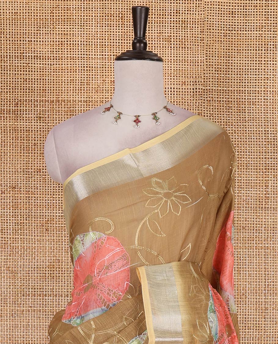 Mustard shibori printed with thread floral vine embroidered linen cotton saree, contrast bavanji border, pallu, and blouse of shibori print with embroidery