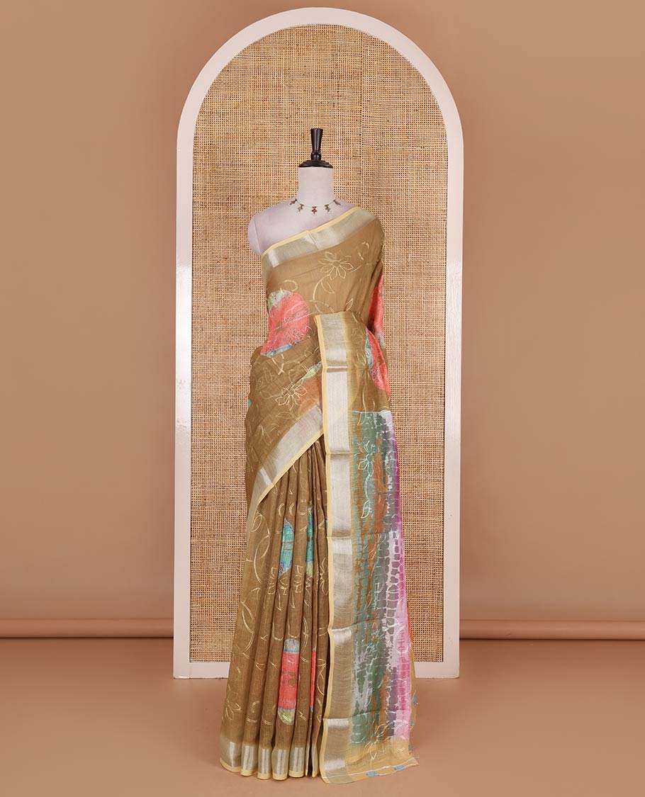 Mustard shibori printed with thread floral vine embroidered linen cotton saree, contrast bavanji border, pallu, and blouse of shibori print with embroidery