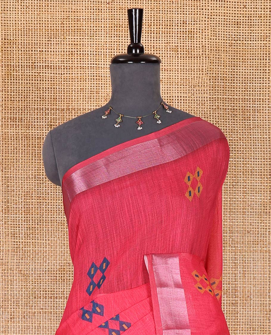 Rani pink diamond buttas printed linen cotton saree, bavanji border, doll printed pallu, and a matching blouse