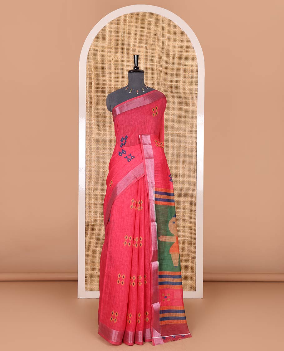 Rani pink diamond buttas printed linen cotton saree, bavanji border, doll printed pallu, and a matching blouse