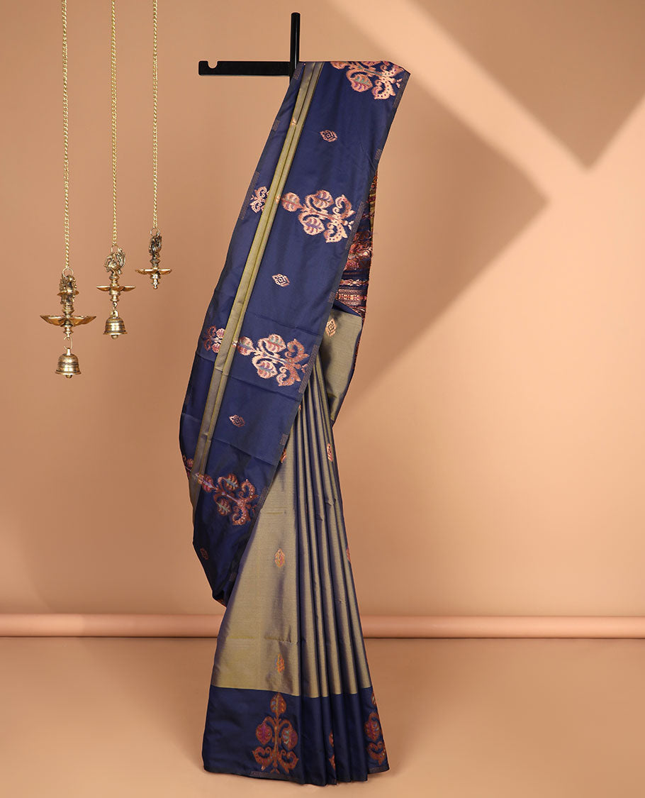 Green meena work butta luxury soft silk saree with open meena work with tussle & contrast blouse