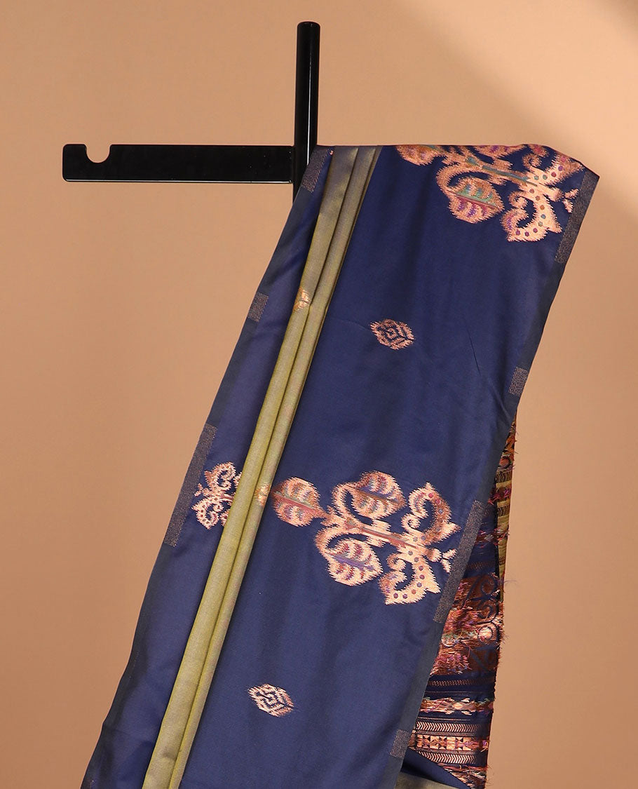 Green meena work butta luxury soft silk saree with open meena work with tussle & contrast blouse
