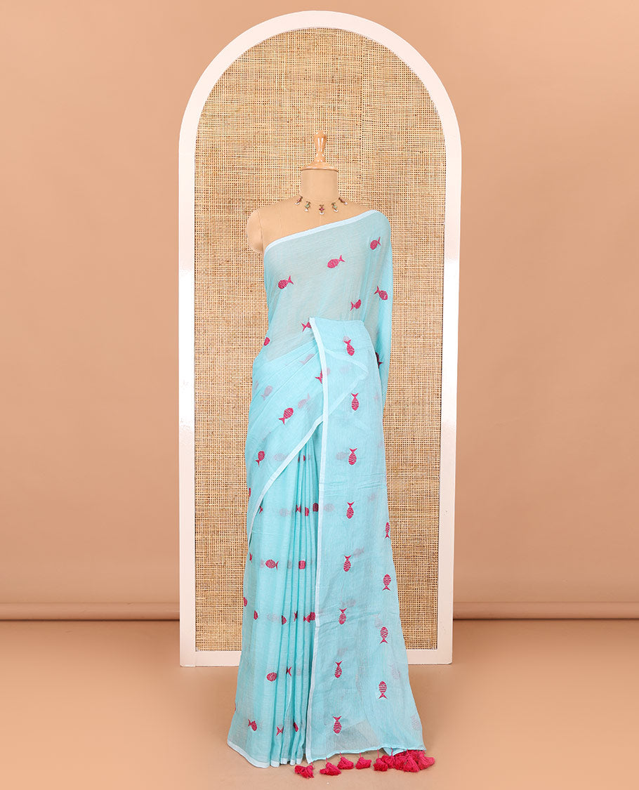 Borderless sea green fish motifs thread embroidered khadi mul cotton saree, fish motifs thread embroidered pallu, and a matching plain blouse