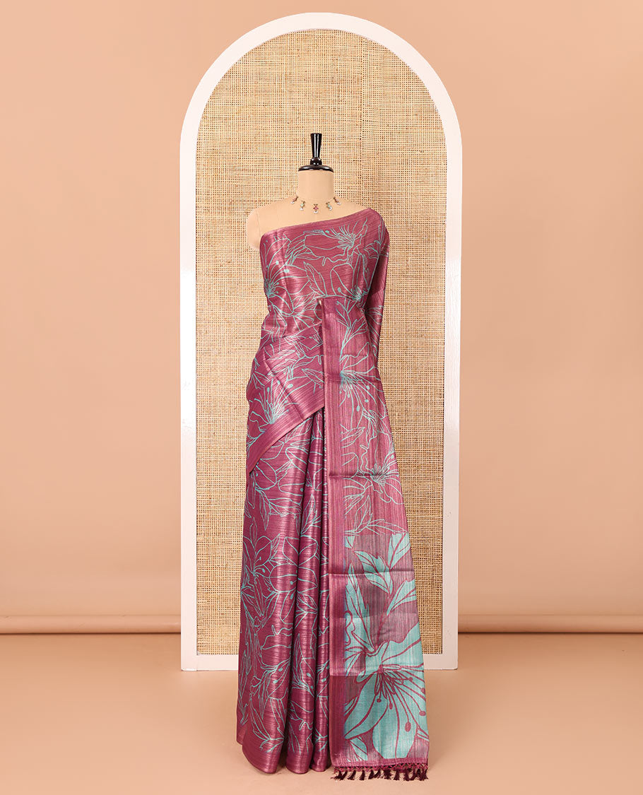 Borderless purple big floral motifs printed tissue silk saree with floral printed pallu, and a contrast plain blouse