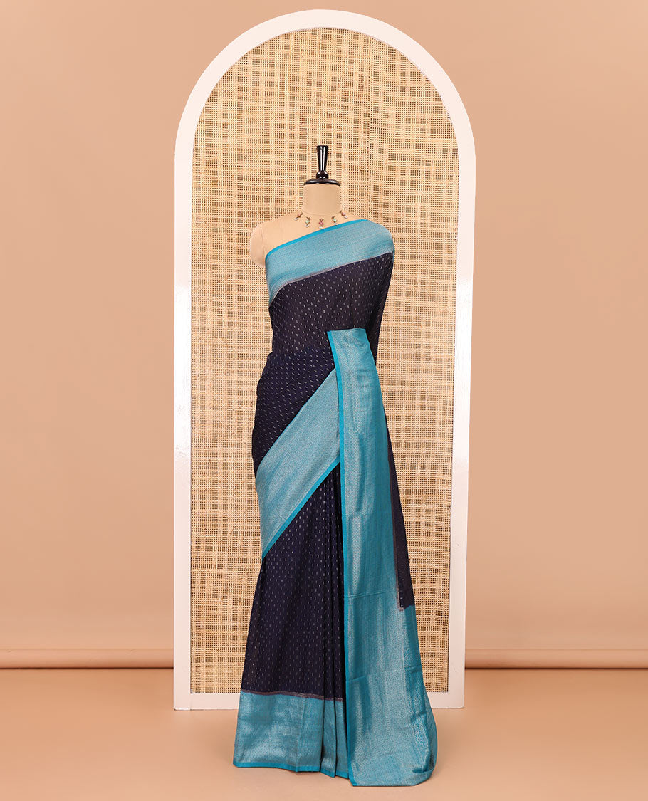 Navy blue zari buttas banarasi georgette saree, contrast traditional zari border, zari woven pallu and a contrast zari design blouse