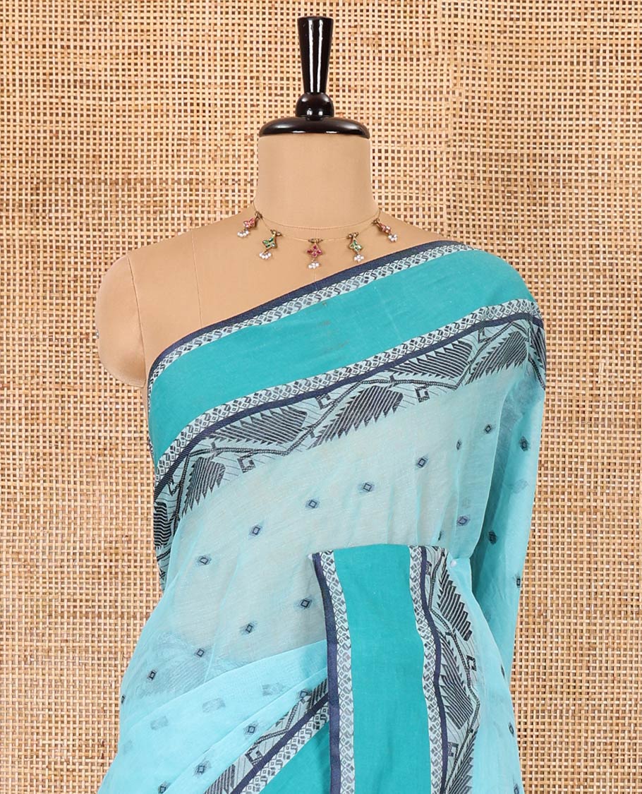 Blue thread buttas Bengal cotton saree, contrast jamdani style floral border, and a striped pallu