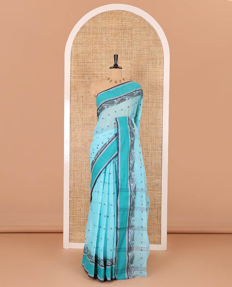 Blue thread buttas Bengal cotton saree, contrast jamdani style floral border, and a striped pallu