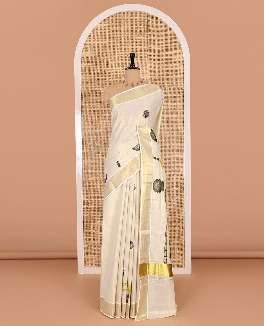 Cream-black Pongal-festive theme block printed Kerala cotton saree, pongal pot printed body, bavanji border, and Pongal theme block print pallu, and a matching blouse