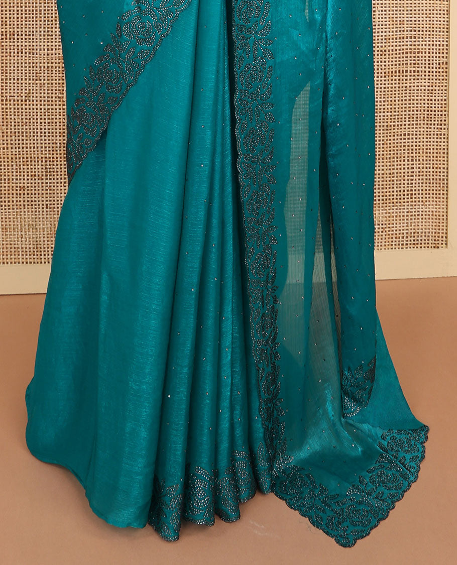 Rama green swarovski stone work fendy crepe saree with swarovski stone work border & self pallu along with plain blouse, swarovski stone work sleeve