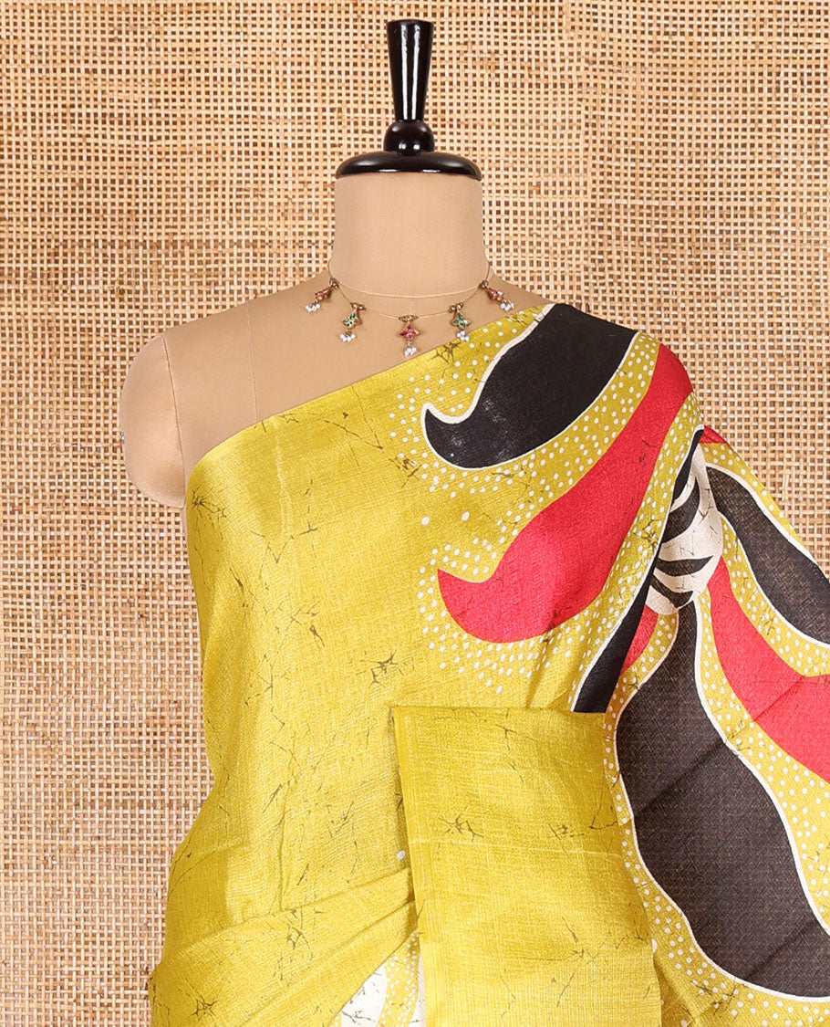 Borderless yellow abstract-style star motifs abstract printed art khadi cotton saree, abstract-style printed pallu, and a matching blouse