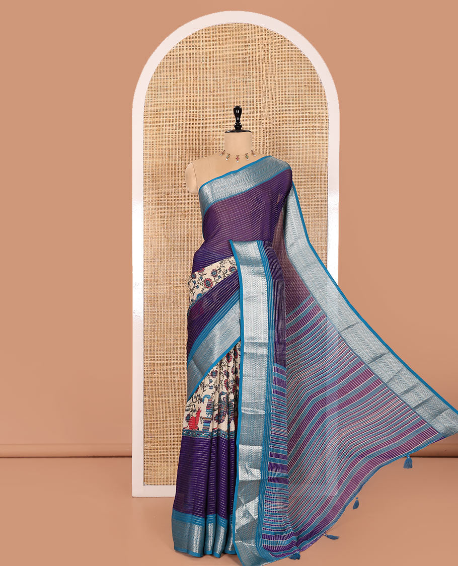 Dark Violet Viscose Georgette Elevated with Horizontal Zari Stripes and Kalamkari Flora-Fauna Prints, Complemented by a Contrast Traditional Zari Border, a Printed Pallu with Stripes, and a Contrast Blouse