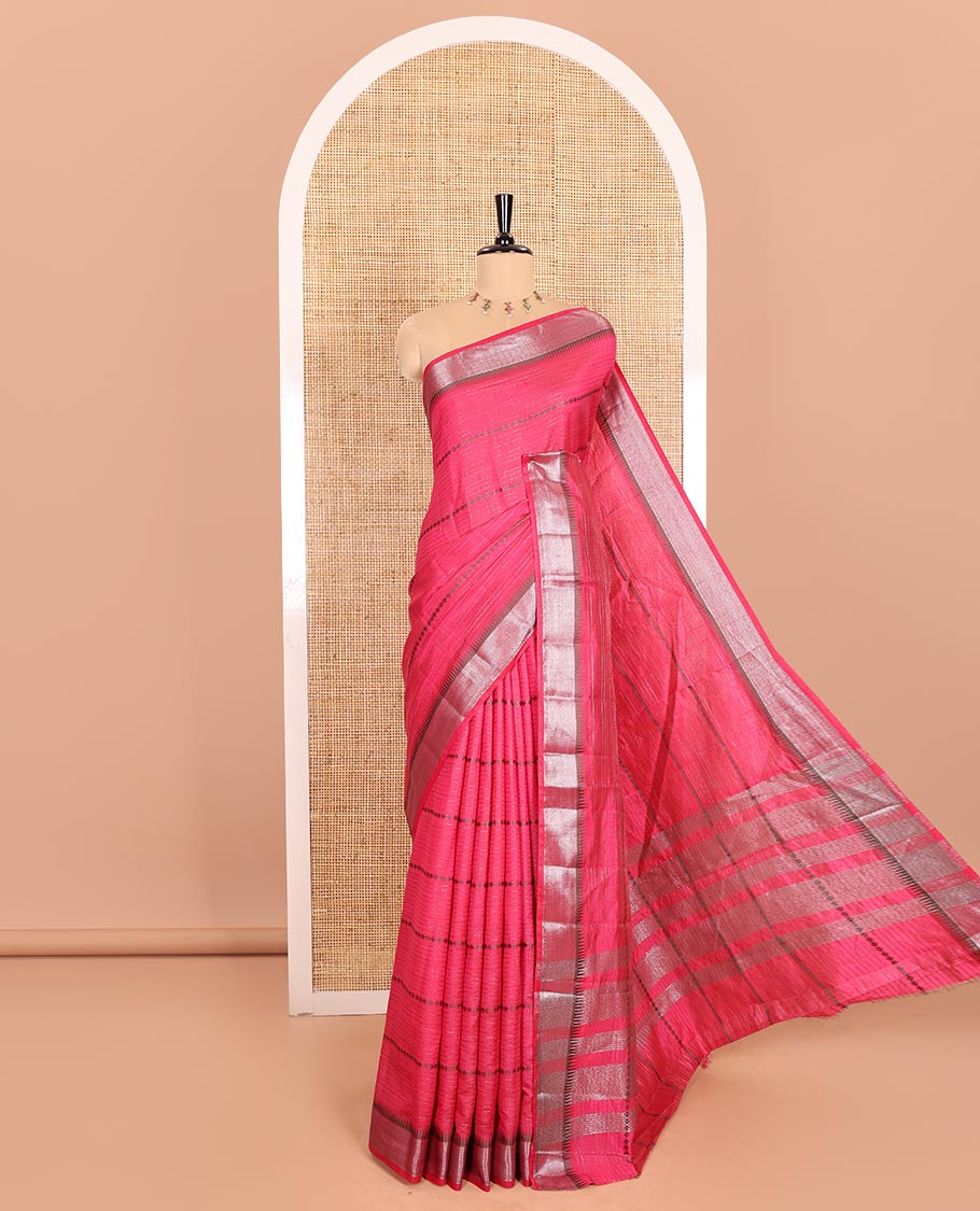 Rani Pink Semi-Tussar Saree Adorned with Zari Horizontal Stripes and Thread Floral Designs, Featuring a Subtly Woven Temple Zari Border, a Striped Pallu, and a Matching Blouse