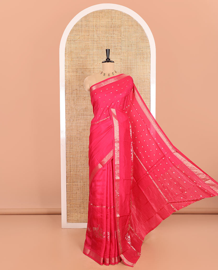 Rani Russian Silk Saree Adorned with Gold Zari Buttas and Deer Motifs, Featuring a Subtly Sparkling Traditional Zari Border, a Pallu with Zari Stripes, and a Contrast Blouse Woven with Peacock Meena Buttas