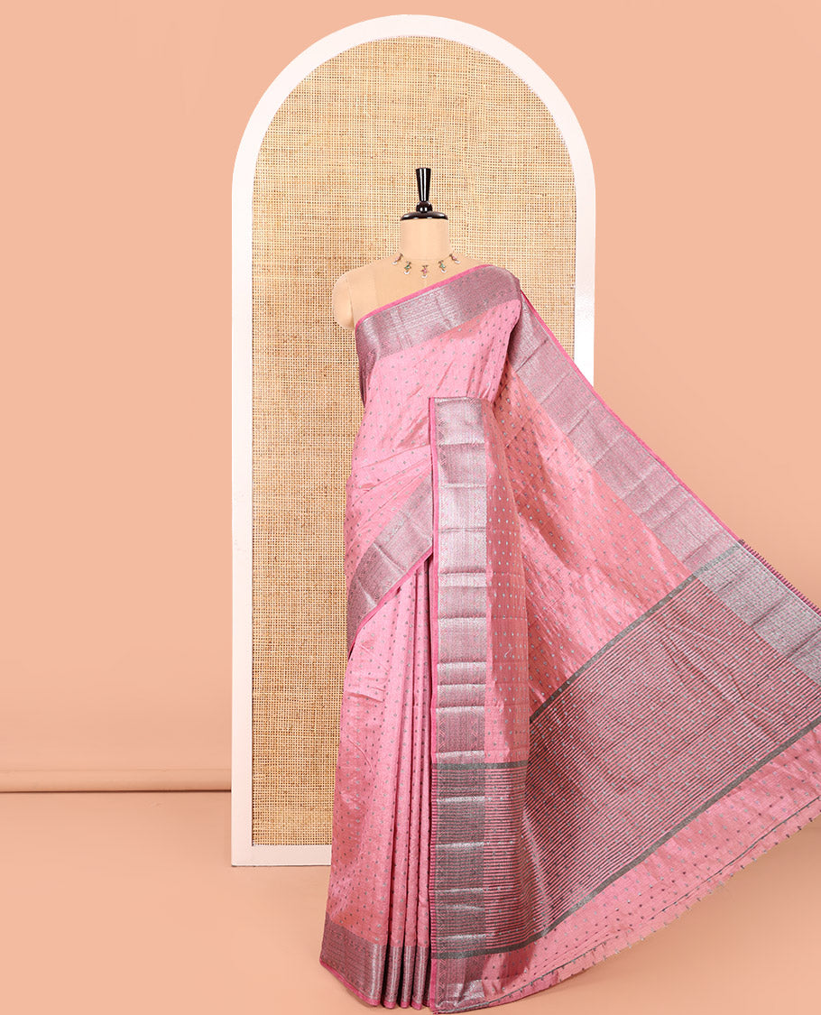 Light Pink Semi Tussar Saree Adorned with Zari Buttas All Over the Body, a Hazily Woven Border of Traditional Designs, Pallu Steeped with Zari Buttas and Zari Stripes, and Paired with a Matching Blouse