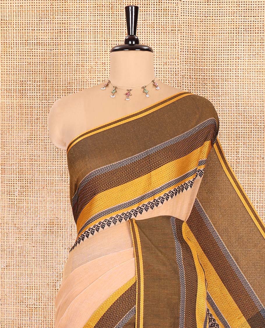 Chikku Plain Khadi Mul Cotton Saree, Complemented by a Contrast Thread-Woven Border of Geometric Patterns, Contrast Plain Pallu, and Paired with a Matching Blouse