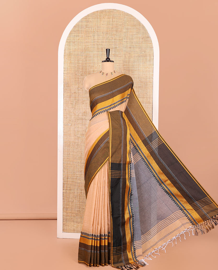 Chikku Plain Khadi Mul Cotton Saree, Complemented by a Contrast Thread-Woven Border of Geometric Patterns, Contrast Plain Pallu, and Paired with a Matching Blouse