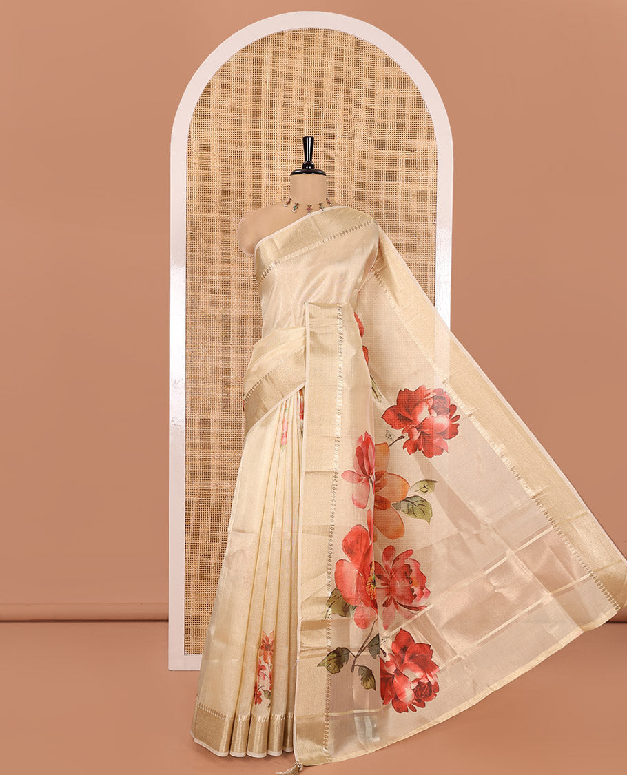 Gold Tissue Saree, Highlighted by Vibrant Floral Motifs Printed All Over Its Body, Gleamed Up with a Zari Border, Pallu with a Realistic Floral Print, and Paired with a Matching Printed Blouse