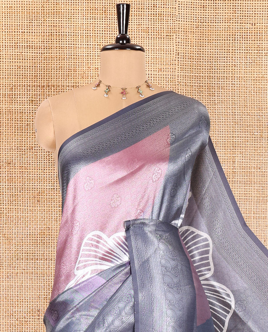 Pink and Grey Tissue Saree, Adorned with Jacquard Design and Floral Printed on Its Body, Complemented by Contrast Traditional Motifs Print, Pallu Steeped with Floral Motifs, and Paired with a Contrast Blouse