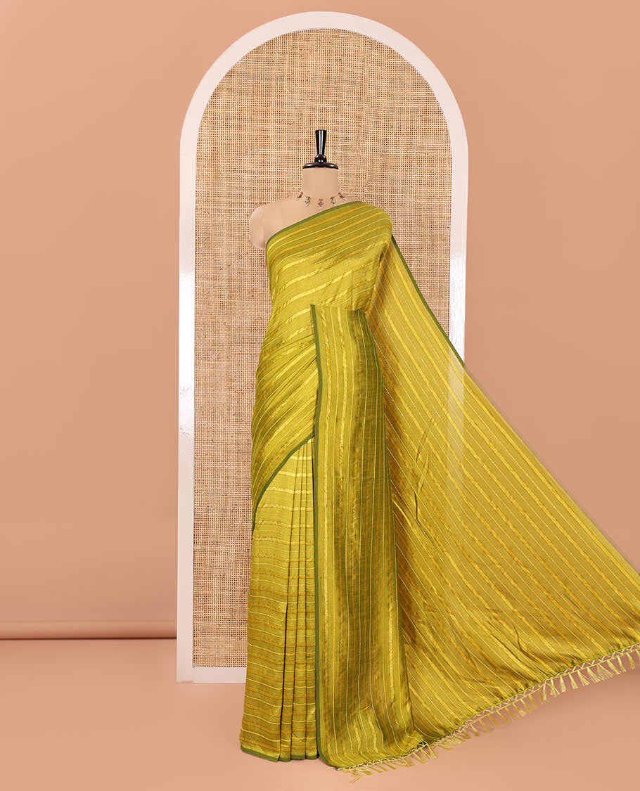 Borderless Green Vichitra Silk Saree, Accentuated with Horizontal Stripes and Sequin Stripes, Paired with a Matching Blouse