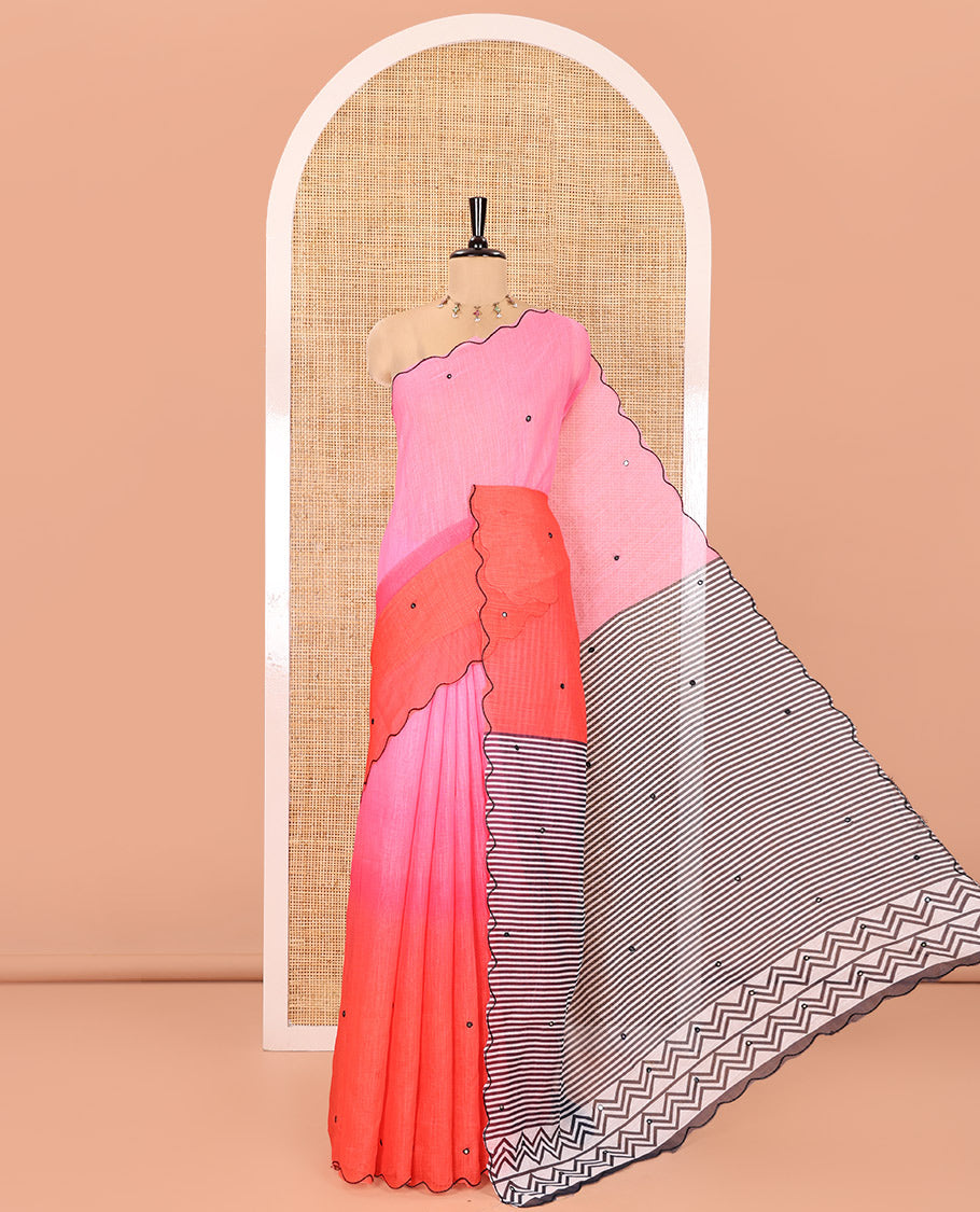 Pink-Tomato Red Linen Cotton Saree, Adorned with Ombre-Style Dyed with Mirror Work Across Its Body, Subtly Sparkled Scallop Thread Border, Pallu Steeped with Stripes and Mirror Work, and Paired with a Contrast Vertical Stripes Printed Blouse