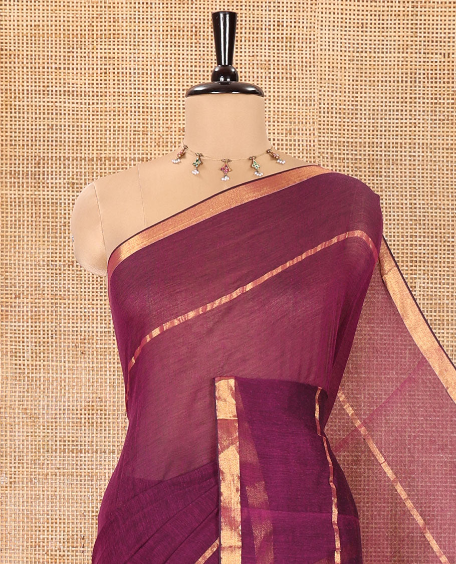 Violet Plain Khadi Mul Cotton Saree, Subtly Sparkled with Zari Border, Self-Pallu, and Paired with a Matching Blouse