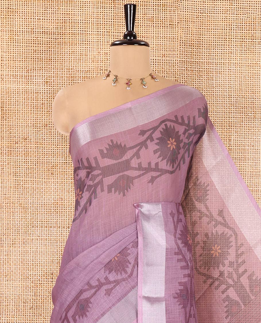 Light Purple Plain Linen Cotton Saree, Subtly Sparkled Zari Border of Jamdani-Style Leaf-Floral Designs, Pallu Depicting Jamdani-Style Designs, and Paired with a Matching Blouse