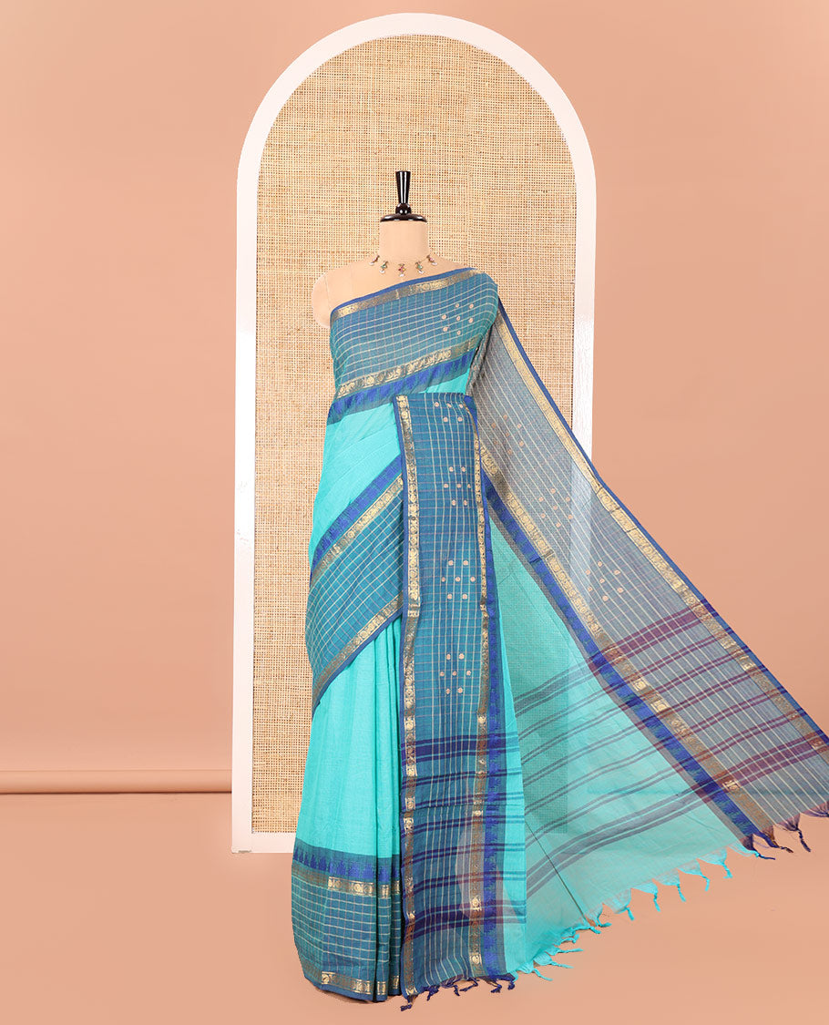 Rama Plain Chettinad Cotton Saree, Complemented by a Contrast Butta Enclosed Checked Zari Border, Subtly Striped Pallu, and Paired with a Matching Blouse