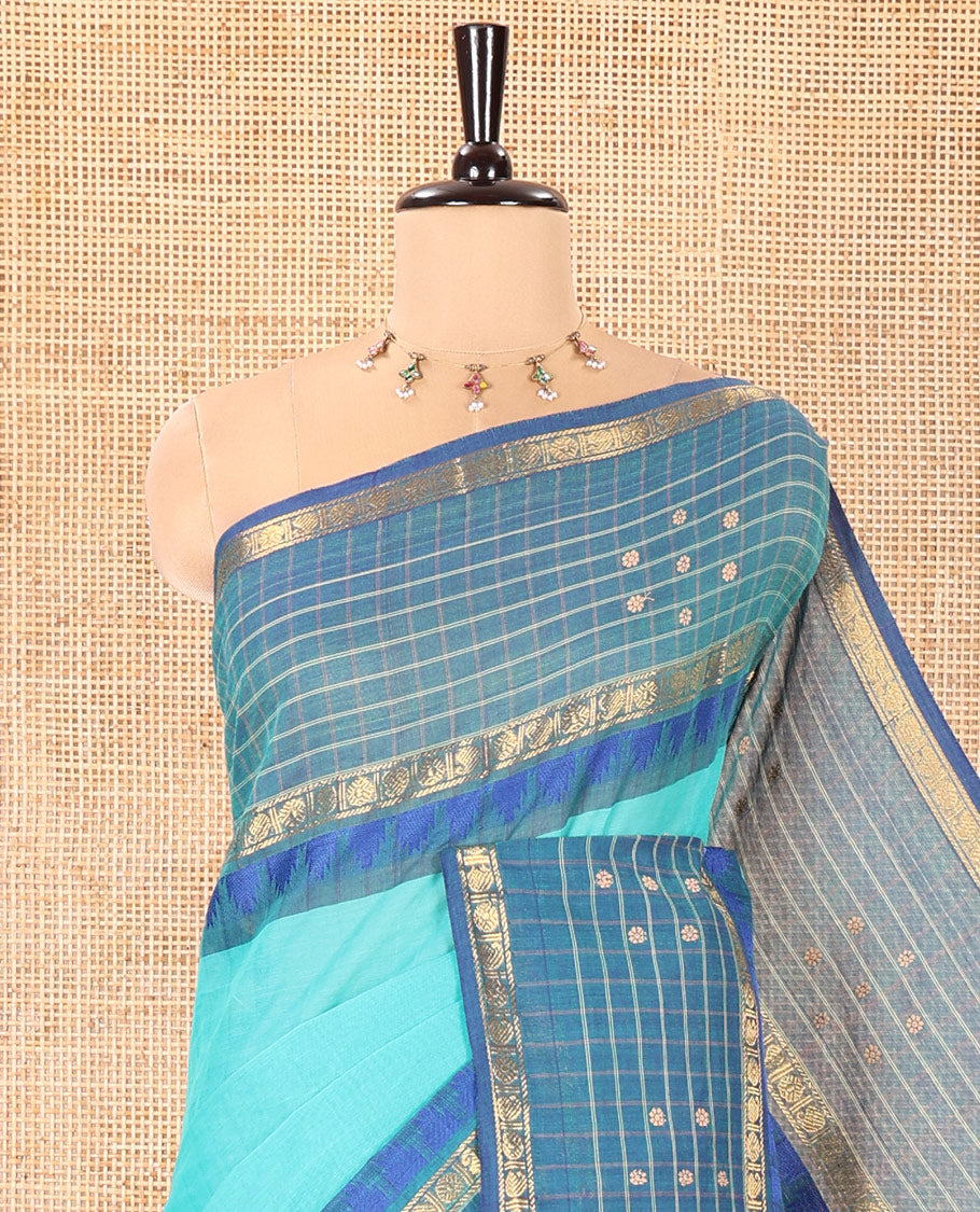 Rama Plain Chettinad Cotton Saree, Complemented by a Contrast Butta Enclosed Checked Zari Border, Subtly Striped Pallu, and Paired with a Matching Blouse