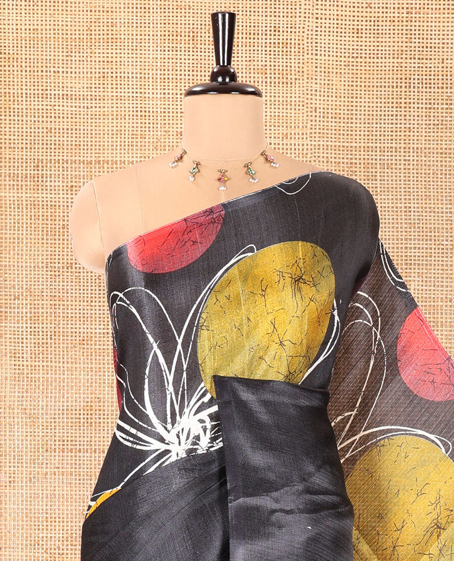 Borderless Black and Red Khadi Cotton Saree, Adorned with Big Circles Motifs, Floral Motifs, and Batik Print on Its Body, Self-Printed Pallu, and Paired with a Matching Printed Blouse