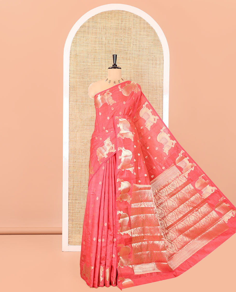 Red Art Tussar Saree, Ornamented with Gold Zari Buttas All Over Its Body, Highlighted by a Zari Border of Pichwai Cow Motifs, Grandly Woven Pallu, and Paired with a Matching Blouse