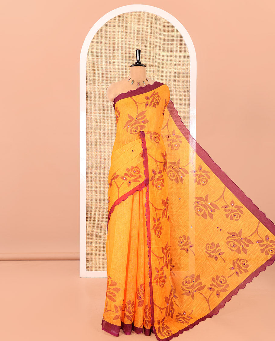Yellow Linen Cotton Saree, Adorned with Floral Print and Mirror Work on Its Body, Complemented by Contrast Scallop Border, Pallu of Print and Mirror Work, and Paired with a Matching Blouse