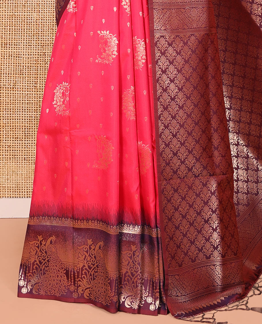 Rani Pink Elite Soft Silk Saree, Enriched with Zari Buttas on Its Body, Complemented by a Contrast Peacock-Floral Zari Blouse, Intricately Designed Pallu, and Paired with a Contrast Blouse