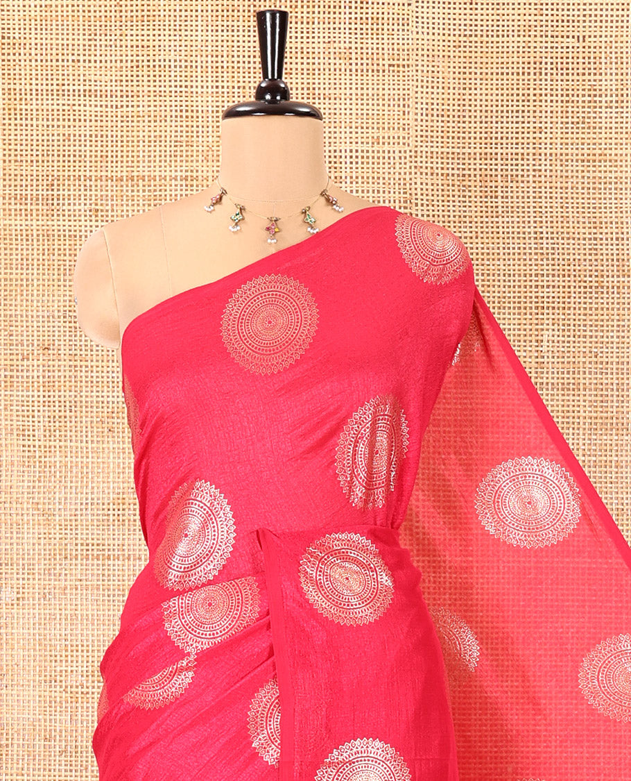 Borderless Pink Vichitra Saree Features Rangoli-Style Round Buttas Foil Print and a Contrast Sequins Embroidered Blouse