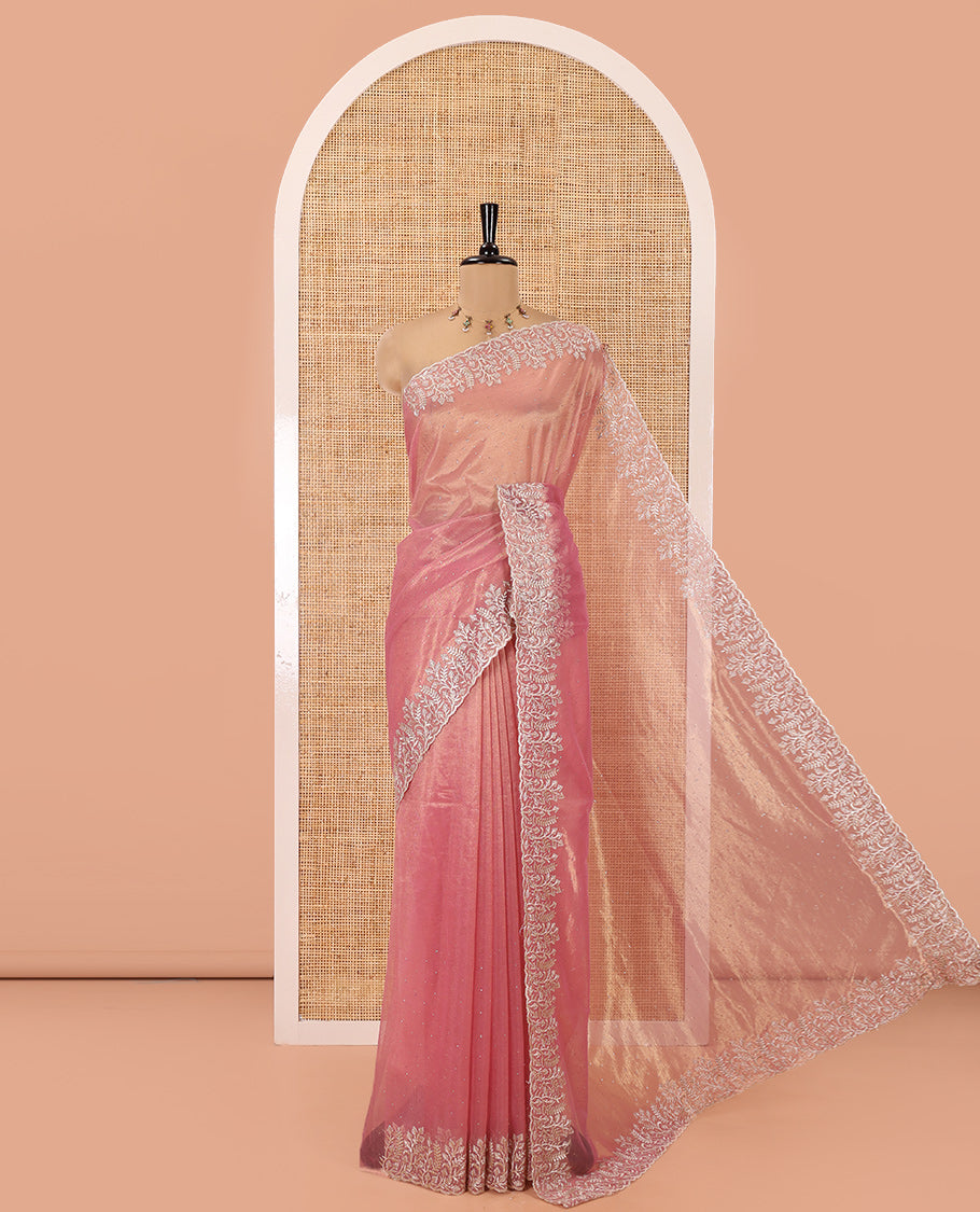 Dusky Pink Twill Net Saree, Elevated with Stone Work, Highlighted by a Scallop Embroidered Border, and Paired with a Matching Blouse