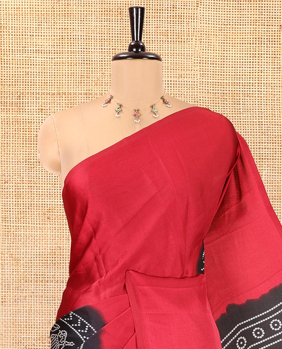 Borderless Maroon and Black Satin Crepe Saree, Elevated with Plain and Bandhani-Circle Print on Its Body, Intricately Bandhani Printed Pallu, and Paired with a Contrast Blouse