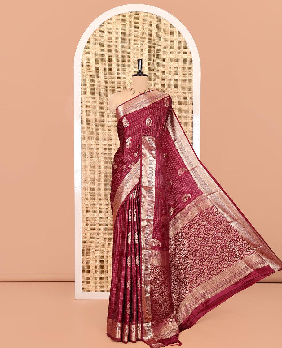 Purple Satin Silk Saree, Enriched with Paisleys and Zari Checked Design on Its Body, Highlighted by Zari Traditional Design Border, Floral Jaal Pallu, and Paired with a Matching Blouse