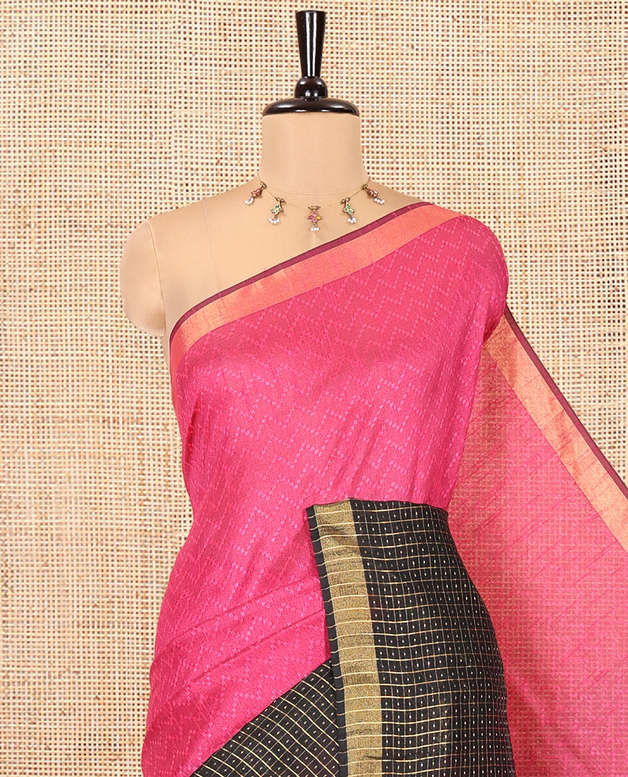 Rani Pink Semi-Raw Silk Saree, Delicately Woven with Zig-Zag Stripes All Over Its Body, Complemented by Contrast Border of Butta Enclosed Checks, Striped Pallu, and Paired with a Contrast Blouse