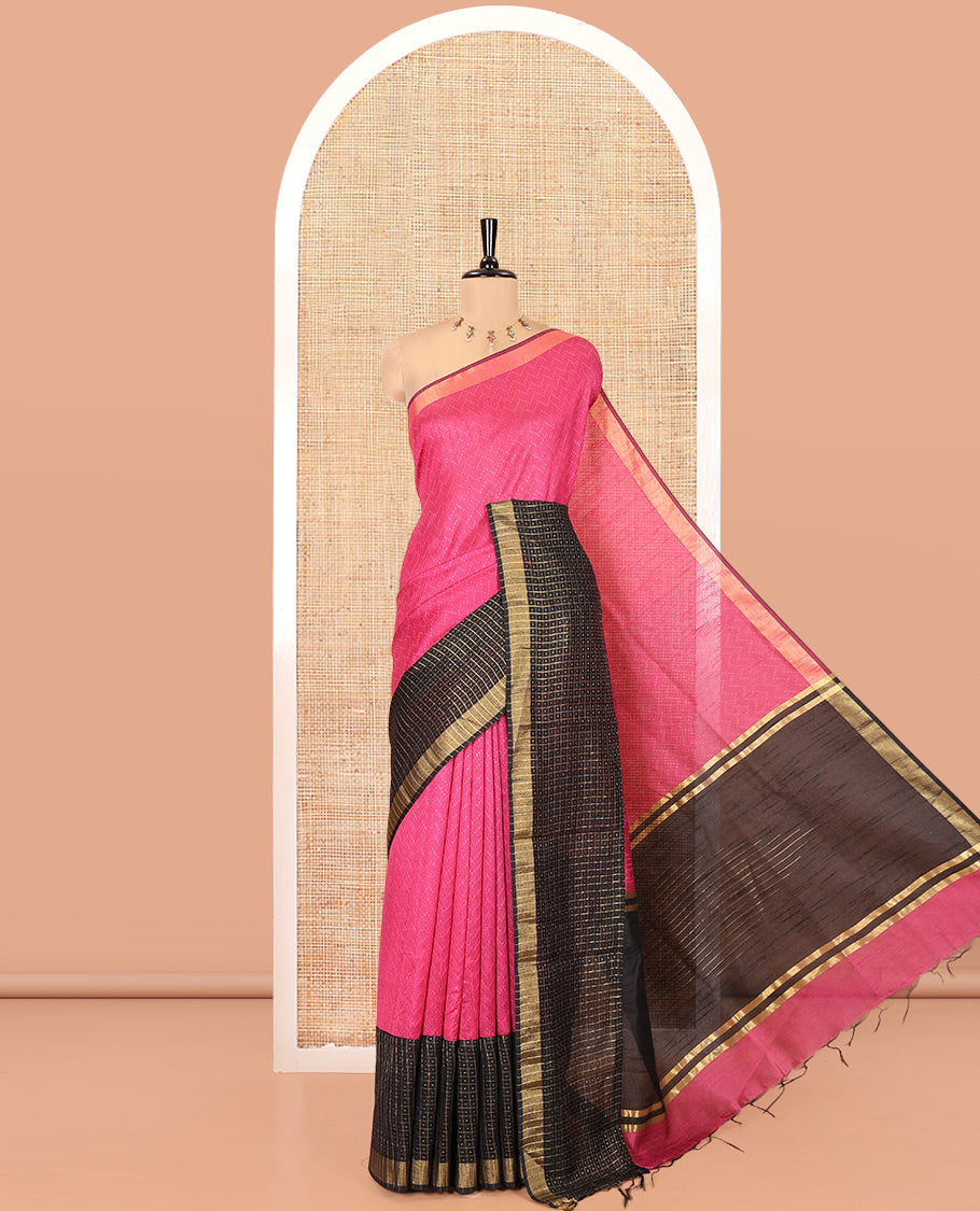Rani Pink Semi-Raw Silk Saree, Delicately Woven with Zig-Zag Stripes All Over Its Body, Complemented by Contrast Border of Butta Enclosed Checks, Striped Pallu, and Paired with a Contrast Blouse