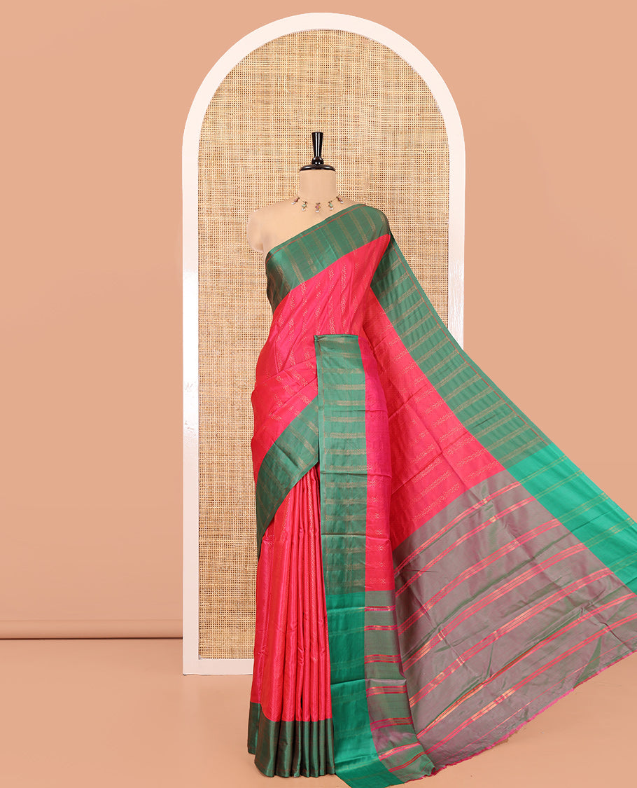 Rani Pink Kanchi Soft Silk Saree, Enriched with Chevron Stripes on Its Body, Complemented by a Contrast Chevron Striped Border, Striped Pallu, and Paired with a Contrast Blouse
