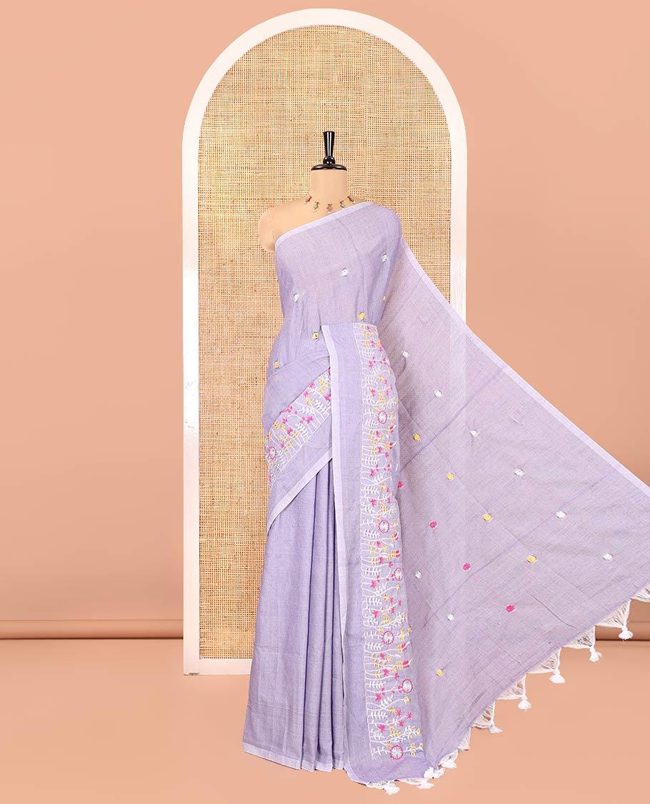 Borderless Lavender Khadi Cotton Saree, Delicately Woven with Flower Motifs Embroidery All Over Its Body, a Self-Pallu, and Paired with a Matching Blouse