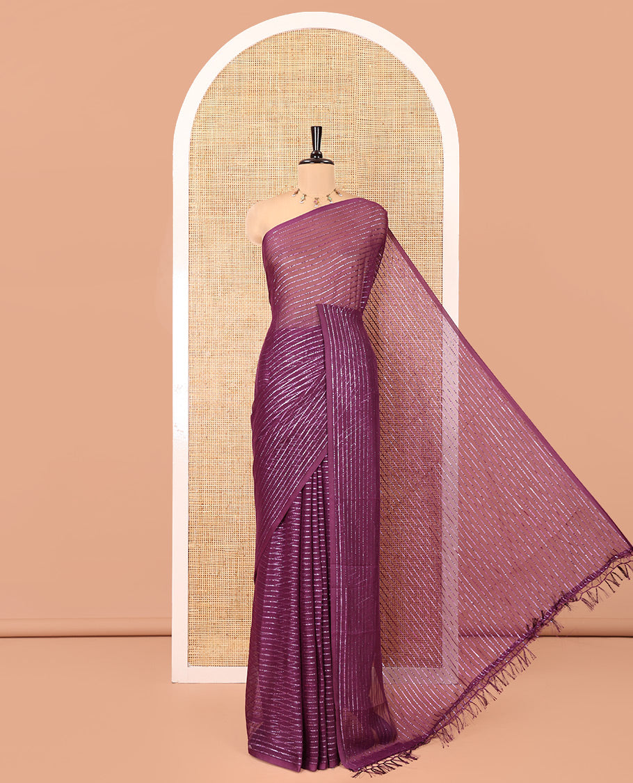 Borderless Purple Chiffon Saree, Gleamed Up with Horizontal Stripes on Its Body, a Self-Pallu, and Has No Blouse