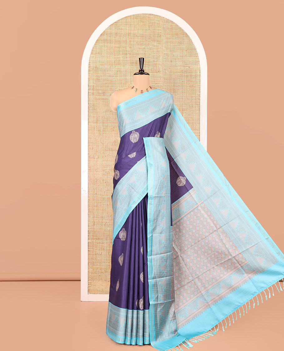 Navy Blue Katan Silk Saree, Adorned with Buttas, Complemented by Contrast Traditional Design Border, Geometric-Patterned Pallu, and a Contrast Blouse